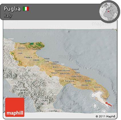 Satellite 3D Map of Puglia, lighten, semi-desaturated