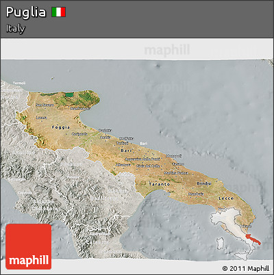 Satellite 3D Map of Puglia, lighten, semi-desaturated