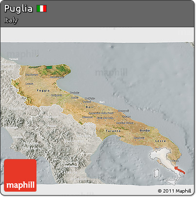 Satellite 3D Map of Puglia, lighten, semi-desaturated