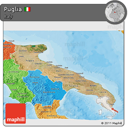 Satellite 3D Map of Puglia, political shades outside