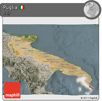 Satellite 3D Map of Puglia, semi-desaturated