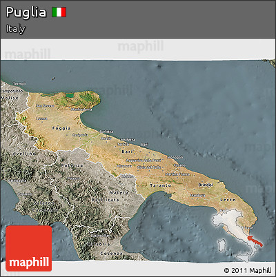 Satellite 3D Map of Puglia, semi-desaturated