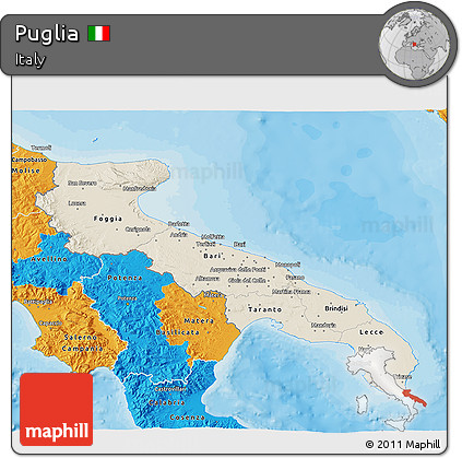 Shaded Relief 3D Map of Puglia, political outside