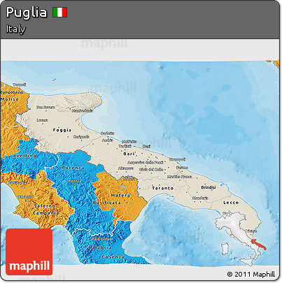 Shaded Relief 3D Map of Puglia, political outside