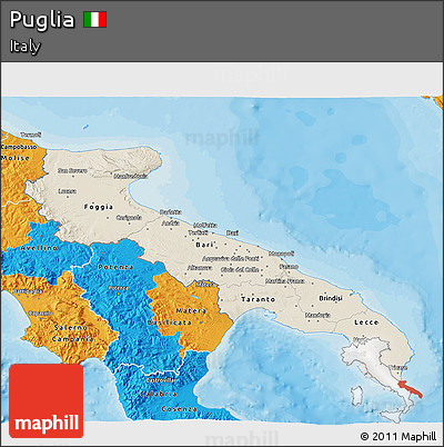 Shaded Relief 3D Map of Puglia, political outside