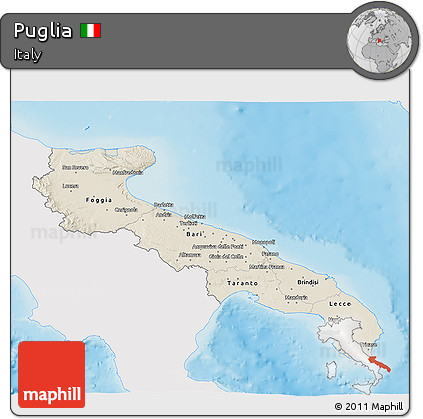 Shaded Relief 3D Map of Puglia, single color outside