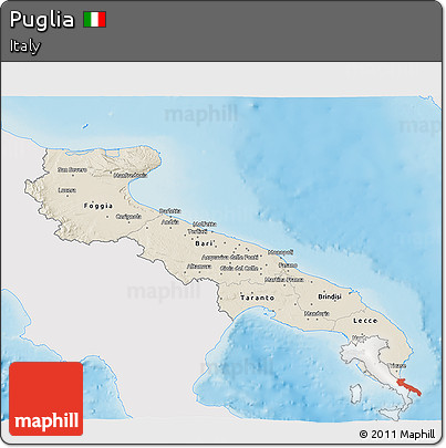 Shaded Relief 3D Map of Puglia, single color outside