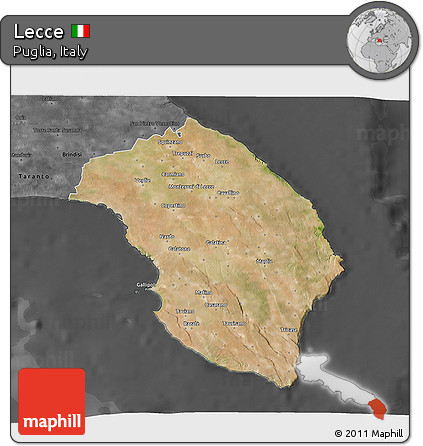 Satellite 3D Map of Lecce, darken, desaturated