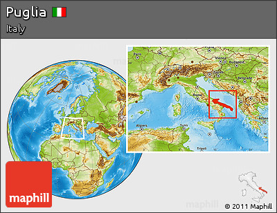 Physical Location Map of Puglia, within the entire country