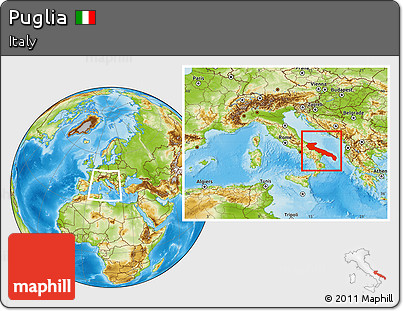 Physical Location Map of Puglia, within the entire country