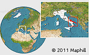 Satellite Location Map of Puglia, highlighted country, within the entire country