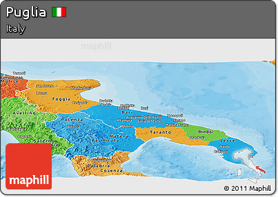 Political Panoramic Map of Puglia, political shades outside