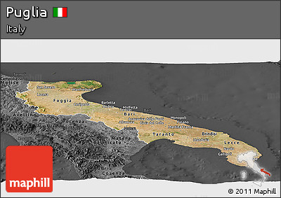 Satellite Panoramic Map of Puglia, darken, desaturated