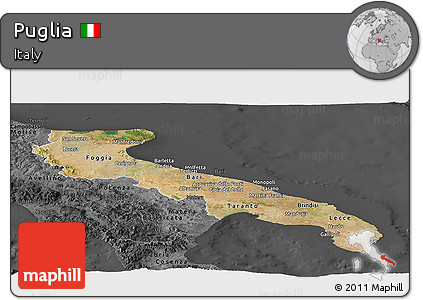 Satellite Panoramic Map of Puglia, darken, desaturated