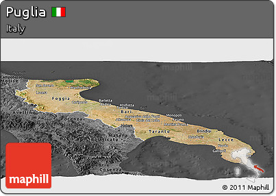 Satellite Panoramic Map of Puglia, darken, desaturated