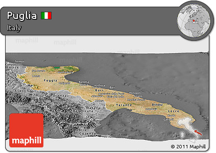 Satellite Panoramic Map of Puglia, desaturated