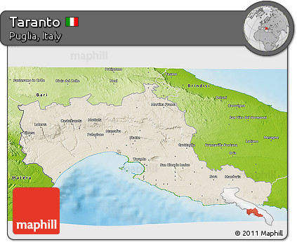 Shaded Relief 3D Map of Taranto, physical outside