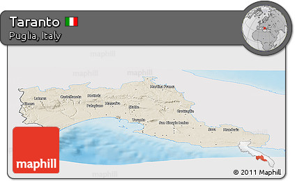 Shaded Relief Panoramic Map of Taranto, single color outside