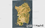 Satellite 3D Map of Sardegna, darken, semi-desaturated