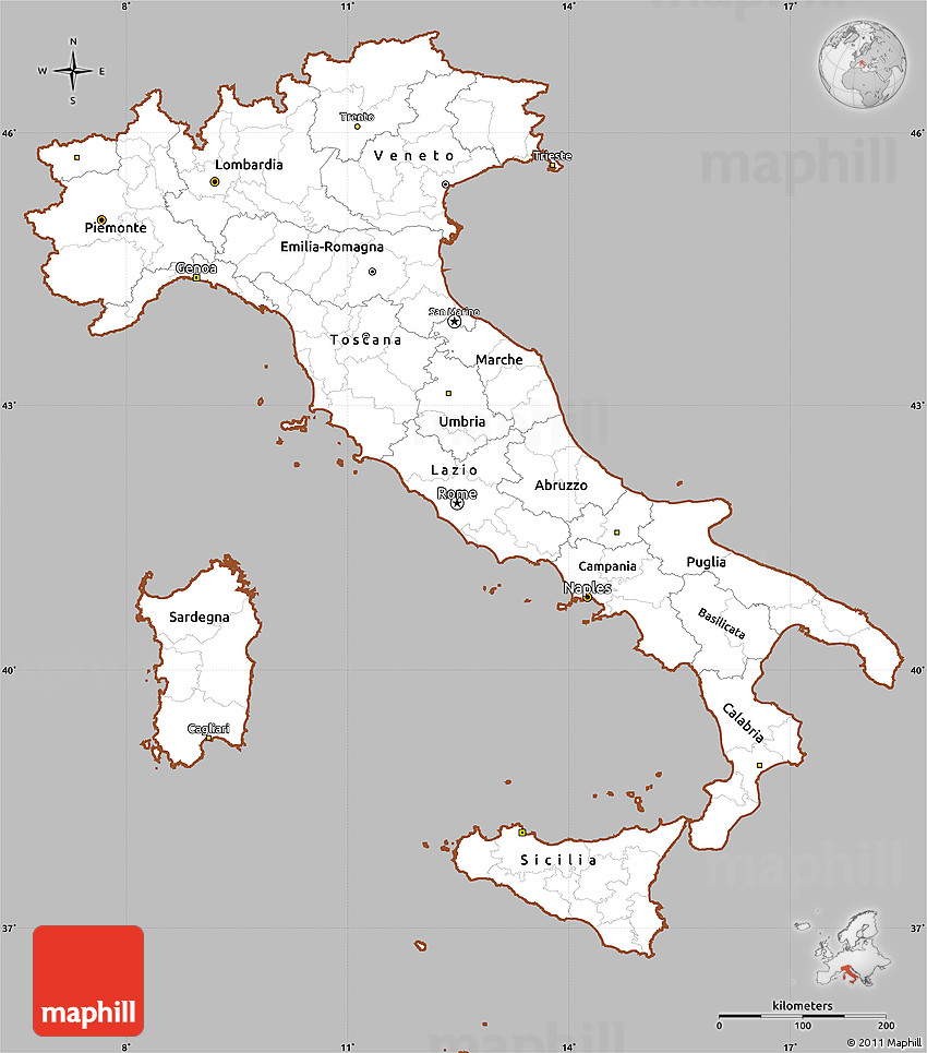 Gray Simple Map of Italy, cropped outside