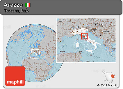 Gray Location Map of Arezzo, highlighted country, highlighted parent region, within the entire country, hill shading