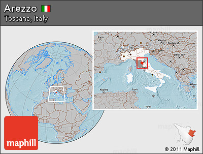 Gray Location Map of Arezzo, highlighted country, highlighted parent region, within the entire country, hill shading