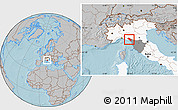 Gray Location Map of Massa-Carrara, highlighted country, highlighted parent region, hill shading
