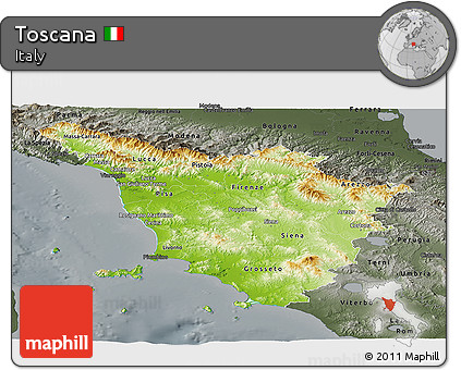 Physical Panoramic Map of Toscana, darken, semi-desaturated