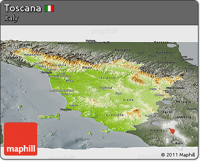 Physical Panoramic Map of Toscana, darken, semi-desaturated