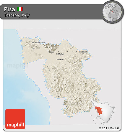 Shaded Relief 3D Map of Pisa, single color outside