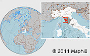 Gray Location Map of Pisa, highlighted country, highlighted parent region, hill shading