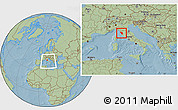 Savanna Style Location Map of Pisa, within the entire country, hill shading