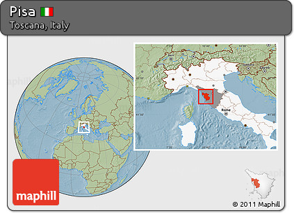 Savanna Style Location Map of Pisa, highlighted country, highlighted parent region, hill shading