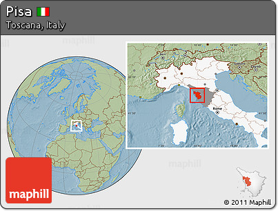 Savanna Style Location Map of Pisa, highlighted country, highlighted parent region, hill shading