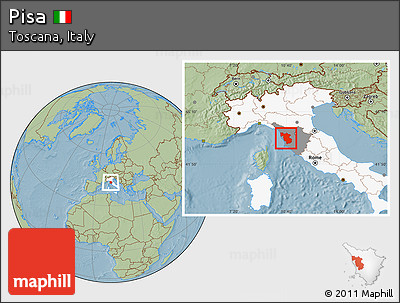 Savanna Style Location Map of Pisa, highlighted country, highlighted parent region, hill shading