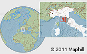 Savanna Style Location Map of Pisa, highlighted country, highlighted parent region, hill shading