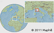 Savanna Style Location Map of Pisa, highlighted parent region, within the entire country, hill shading