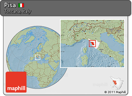Savanna Style Location Map of Pisa, highlighted parent region, hill shading