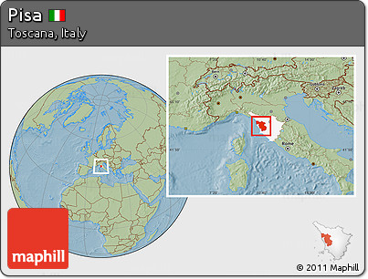 Savanna Style Location Map of Pisa, highlighted parent region, hill shading