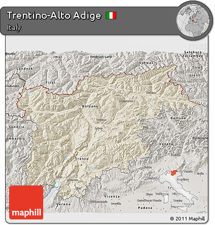 Shaded Relief 3D Map of Trentino-Alto Adige, semi-desaturated