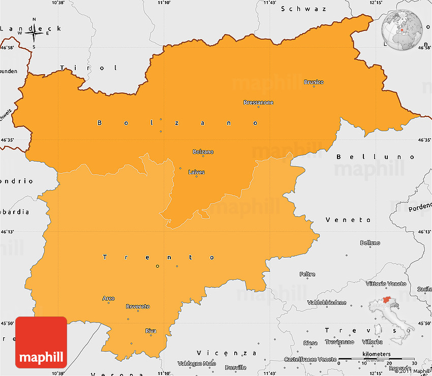 Political Shades Simple Map Of Trentino Alto Adige Single Color Outside Borders And Labels
