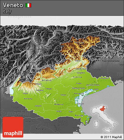Physical 3D Map of Veneto, darken, desaturated