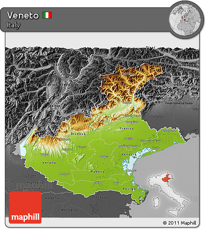 Physical 3D Map of Veneto, darken, desaturated