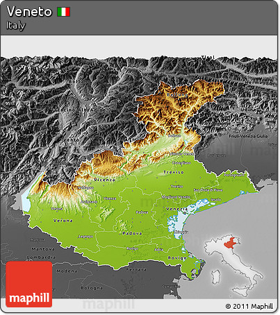 Physical 3D Map of Veneto, darken, desaturated