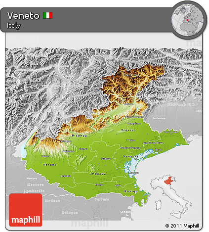 Physical 3D Map of Veneto, lighten, desaturated