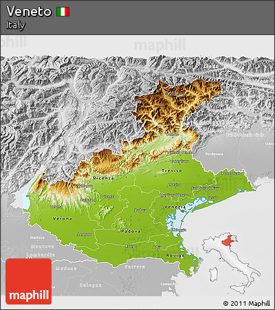 Physical 3D Map of Veneto, lighten, desaturated