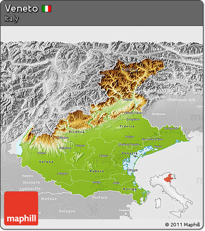 Physical 3D Map of Veneto, lighten, desaturated