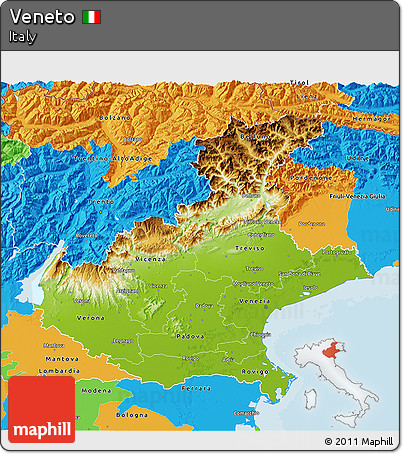 Physical 3D Map of Veneto, political outside