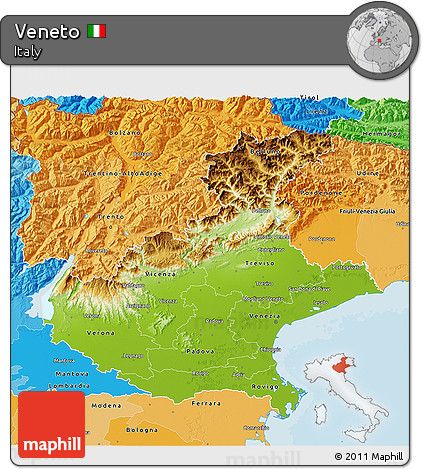 Physical 3D Map of Veneto, political shades outside