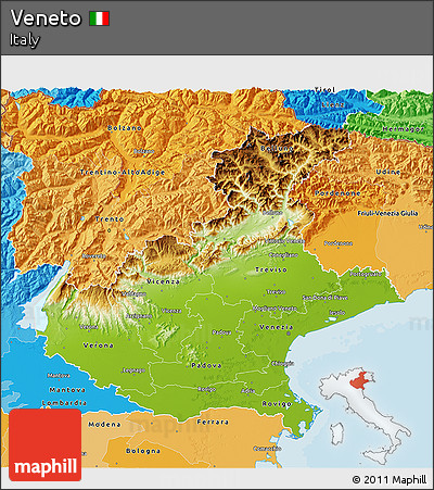 Physical 3D Map of Veneto, political shades outside